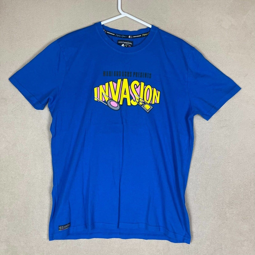 Maui and Sons T-Shirt Adult‎ Large Blue Invasion Short Sleeve Beach Mens